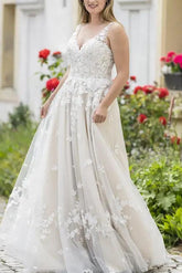 A Line V Neck Sleeveless Lace Wedding Dress With Appliques Lace